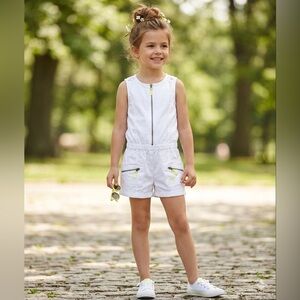 DKNY White Sleeveless Romper with Yellow Zip Accents